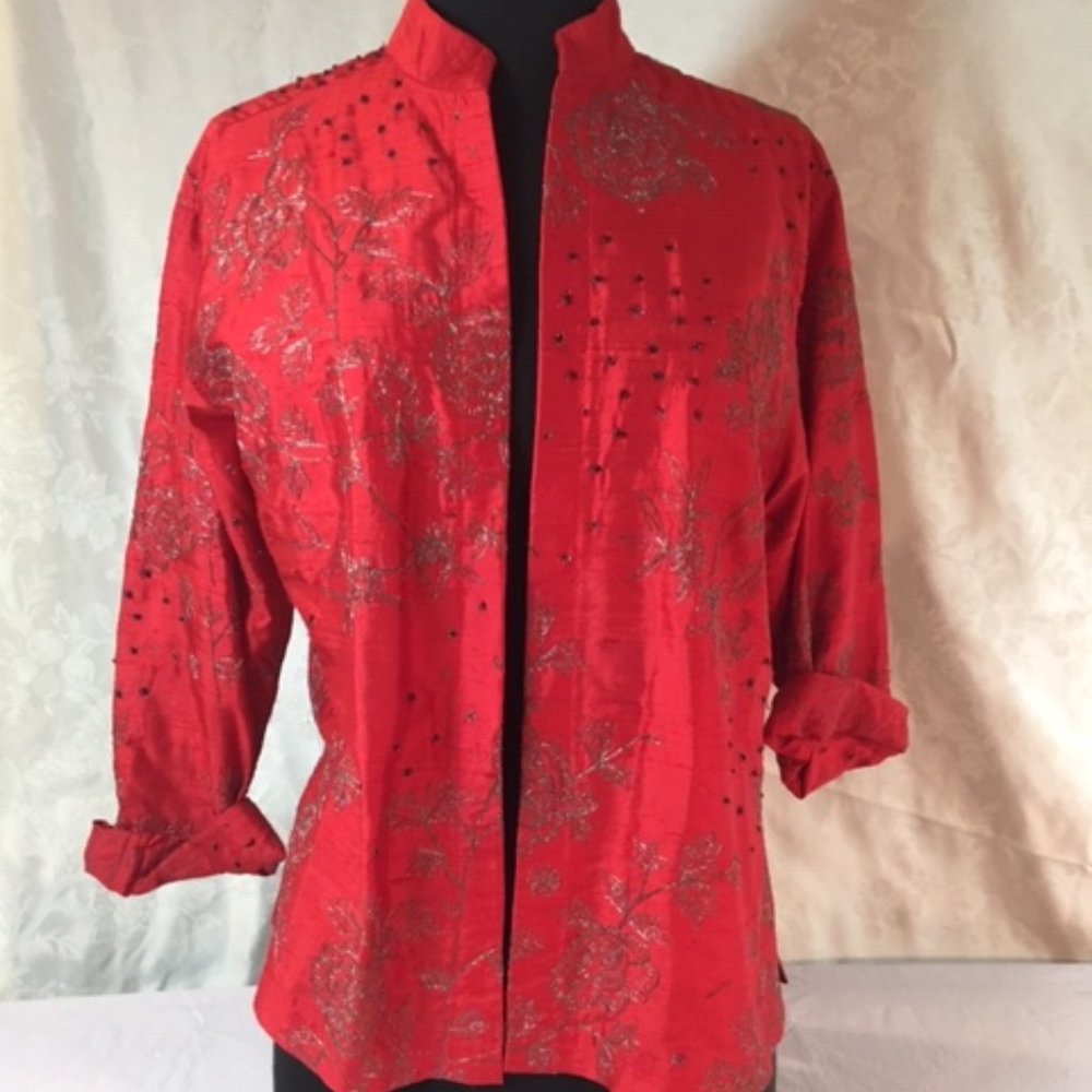 CHICO'S Red Silk Beaded & Metallic Embroidered Shirt EUC